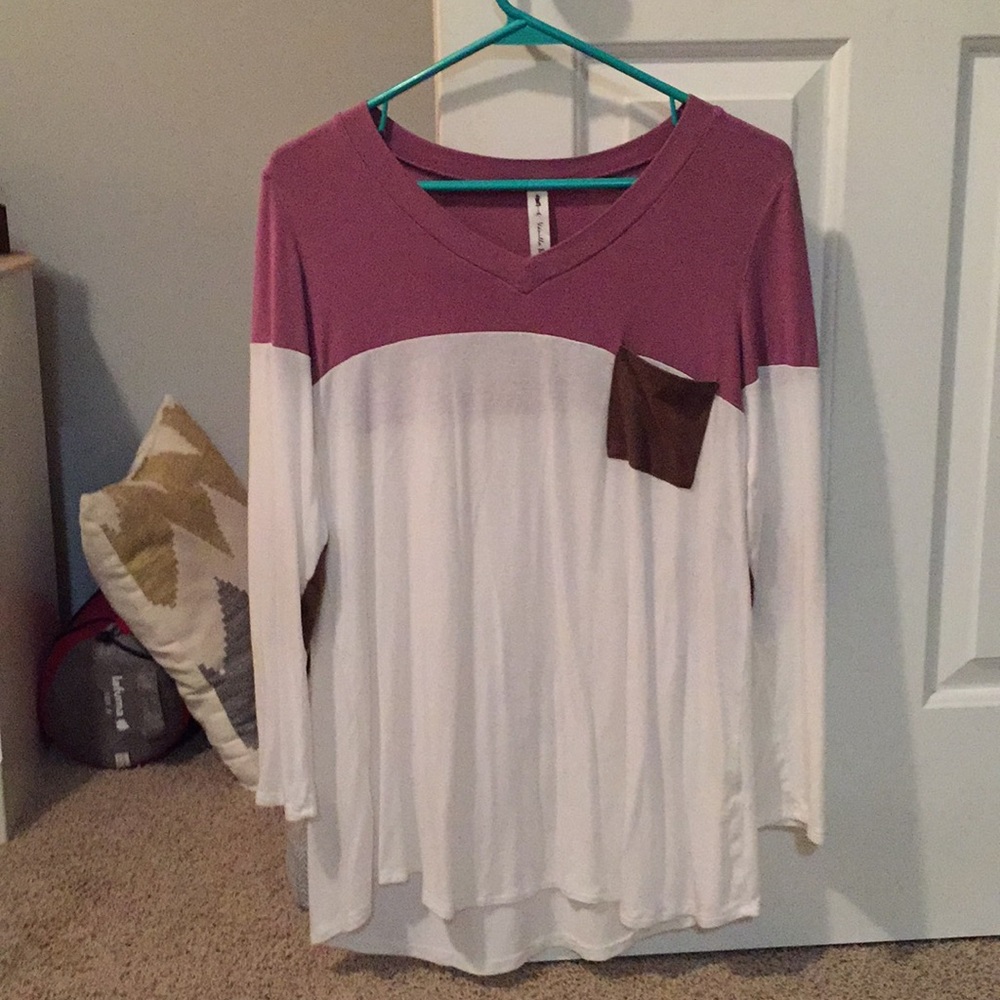 Long sleeve tee, top is a purple has tan elbowpads